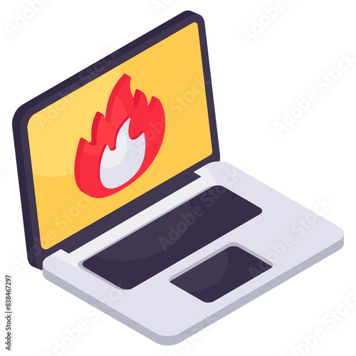 An isometric design icon of laptop burning