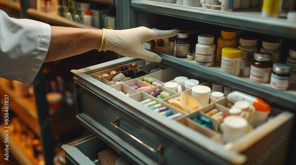 Fototapeta premium Farmacéutico organizando medicamentos en estantes