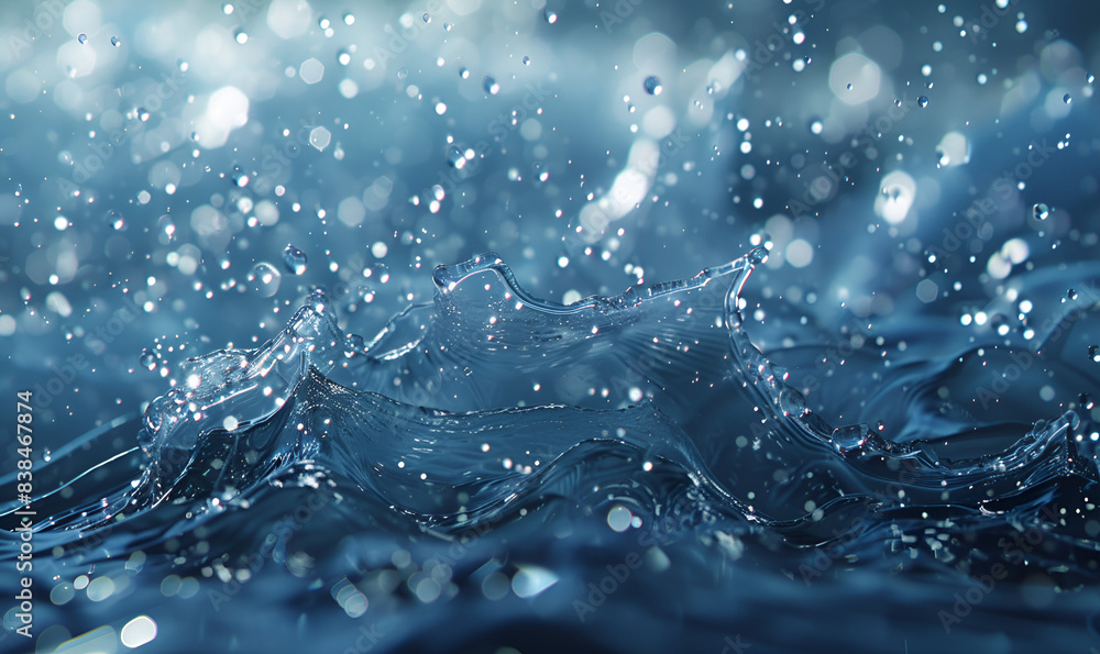 Close-up of clear water droplets creating dynamic ripples and splashes on a serene dark blue background. A close up view of a powerful wave in the ocean. This image can be used to depict the strength. Close-up of clear water droplets creating dynamic ripples and splashes on a serene dark blue background. A close up view of a powerful wave in the ocean. This image can be used to depict the strength.