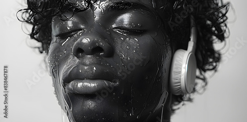 Close up portrait of Young African American handsome man listening to music with headphones
