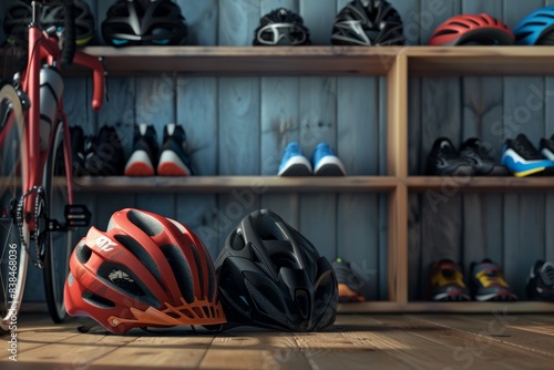Olympic Cyclist Gear in Locker Room - Helmet, Gloves, and Shoes Neatly Arranged for Sporting Inspiration and Design Use photo