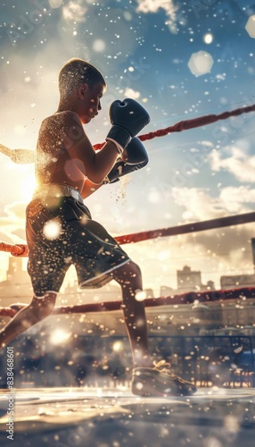 Young Athlete Training in Outdoor Boxing Ring at Sunset with Cityscape Background - Olympic Spirit Concept for Sports Inspiration Poster Design