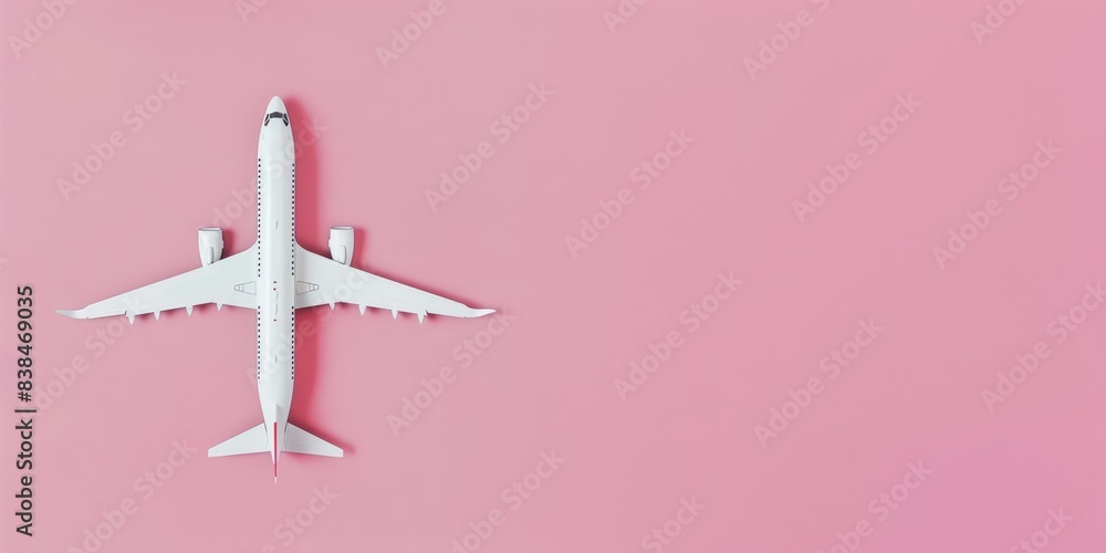 Passenger white airplane, vacation concept. Pastel color background, top view for copy space. Minimal art. Passenger white airplane, vacation concept. Pastel color background, top view for copy space. Minimal art.