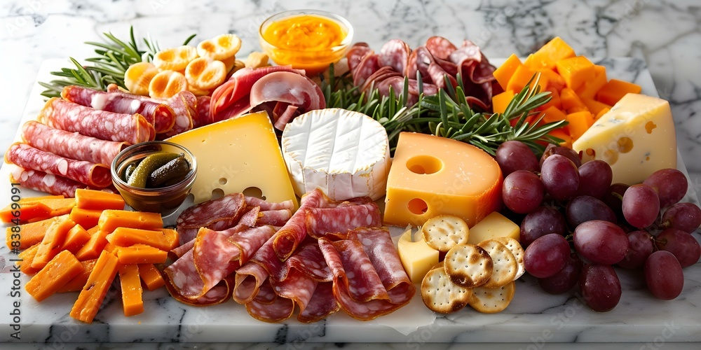 Top view of charcuterie board with cheeses meats and appetizers on marble. Concept Food photography, Charcuterie boards, Appetizer display, Marble surface, Gourmet spread Top view of charcuterie board with cheeses meats and appetizers on marble. Concept Food photography, Charcuterie boards, Appetizer display, Marble surface, Gourmet spread
