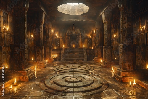 Pyramids of Egypt, inner chambers. Underground ancient temple inside the ruins of Egyptian stone tombs. Watercolor illustration in painting style.