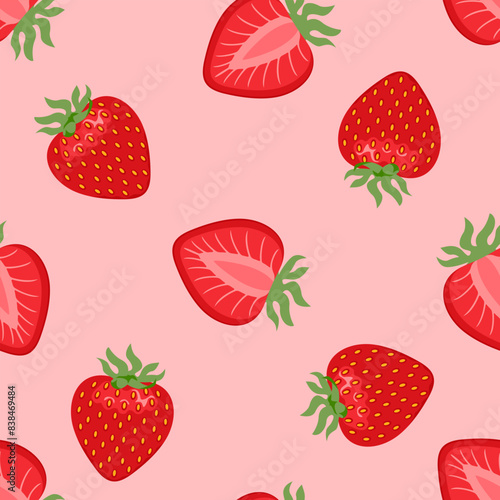 Strawberry seamless pattern.  Background with sweet red berry. Vector cartoon flat illustration.