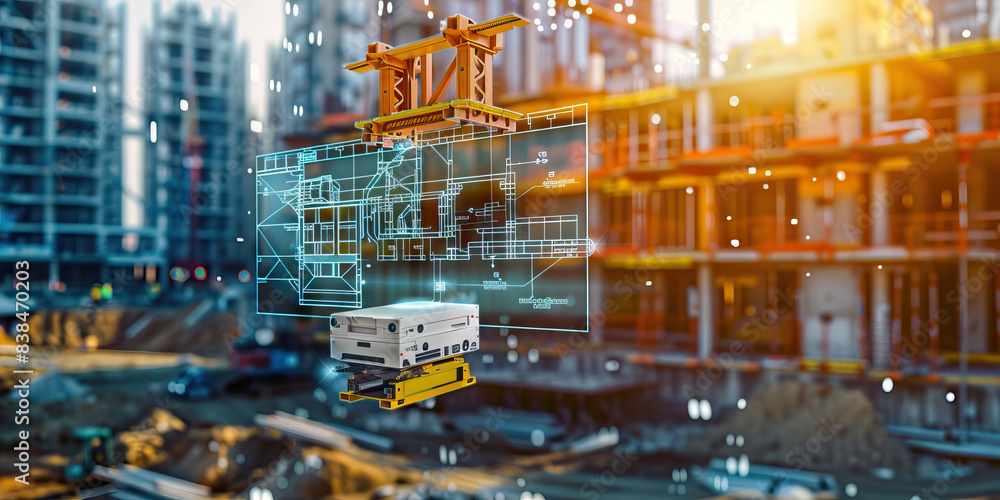The Augmented Architect: A holographic blueprint, floating above a construction site, with a hovering 3D printer nearby. The Augmented Architect: A holographic blueprint, floating above a construction site, with a hovering 3D printer nearby.