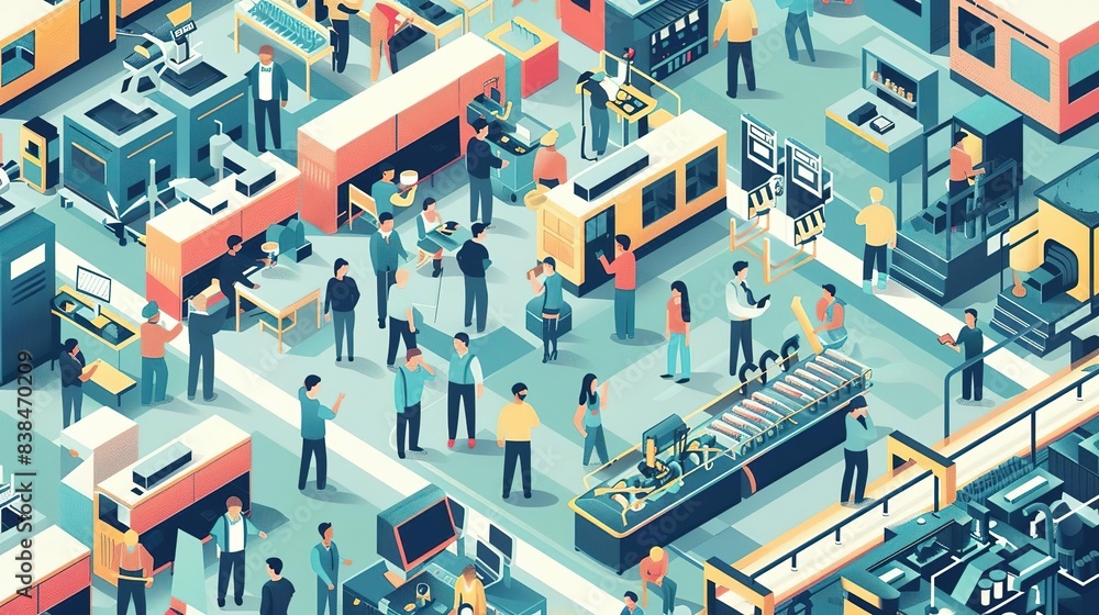 Isometric illustration of a bustling factory floor with workers operating machinery and assembling products. Isometric illustration of a bustling factory floor with workers operating machinery and assembling products.