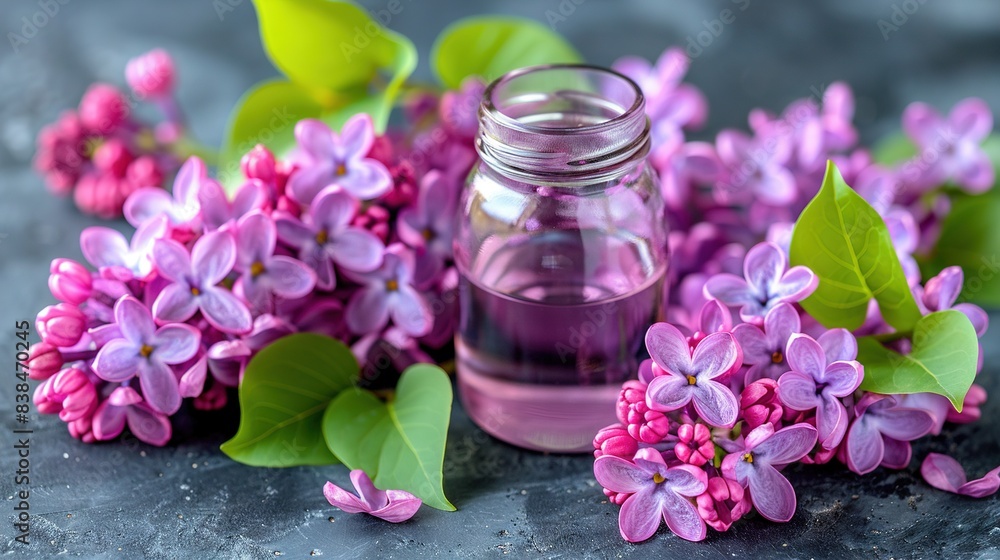   A jar of purple flowers atop a stone floor beside a green plant