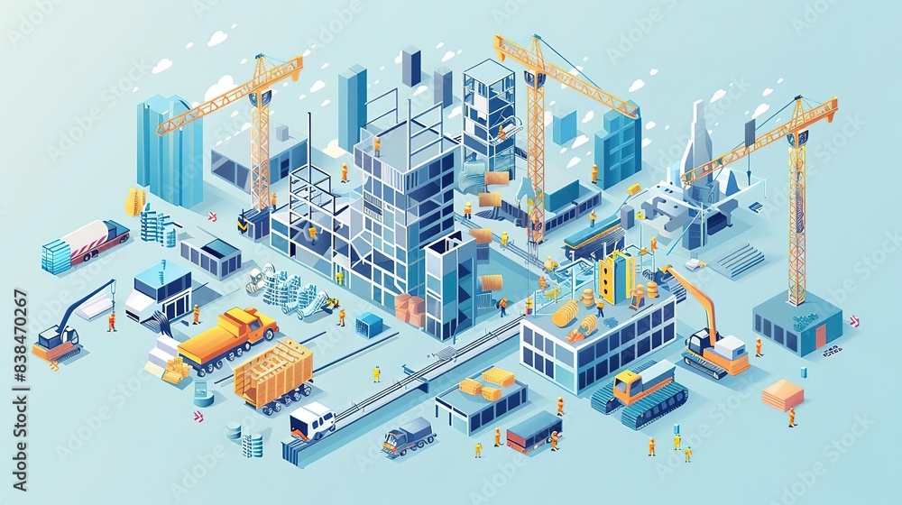 Isometric illustration of a city under construction with cranes, buildings, and vehicles.