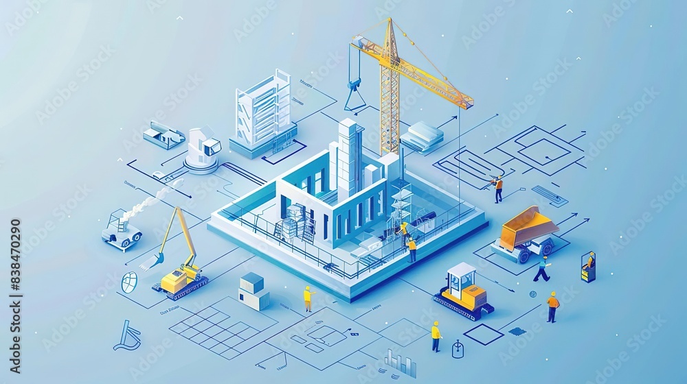 Isometric illustration of a construction site with cranes, workers, and building materials. Isometric illustration of a construction site with cranes, workers, and building materials.