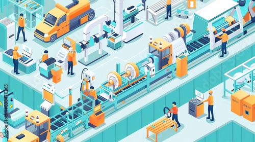 Isometric illustration of a busy factory with workers and machinery.