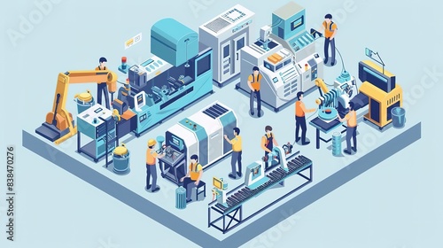 Isometric illustration of a busy factory with workers operating machinery.