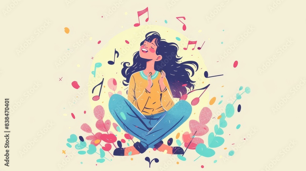A woman sitting on the ground with musical notes flying around her, AI A woman sitting on the ground with musical notes flying around her, AI