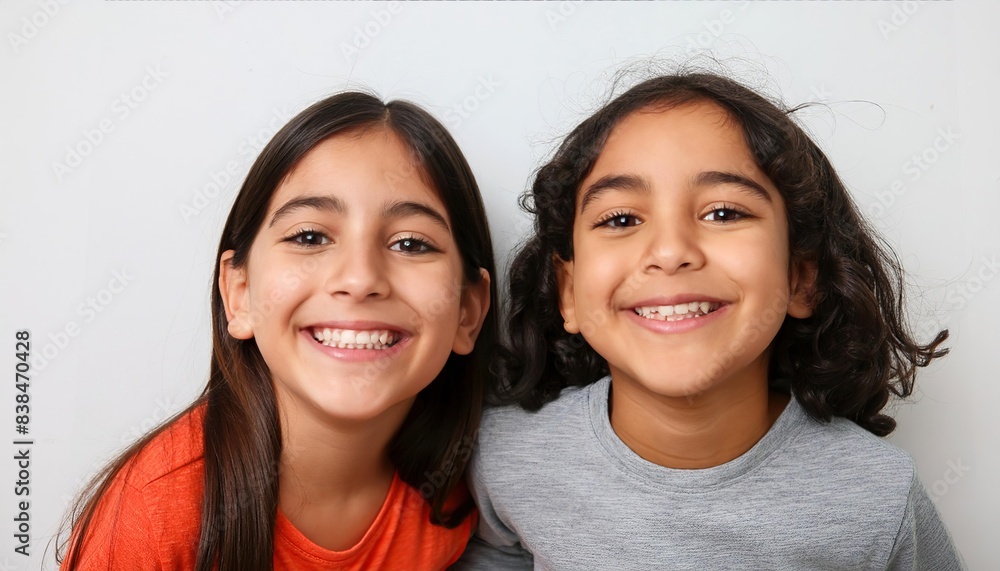 Two young children laughing heartily against a white background, embodying pure joy and happiness Two young children laughing heartily against a white background, embodying pure joy and happiness