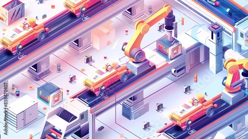 Isometric illustration of an automated factory with robots working on an assembly line.