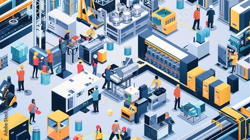 Isometric illustration of a busy factory floor with workers operating machinery.
