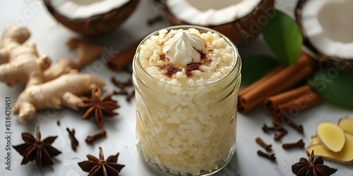 Creamy coconut ginger rice pudding in glass jar with cinnamon and cream. Concept Coconut Ginger Rice Pudding, Dessert Photography, Food Styling, Cinnamon Garnish, Creamy Texture