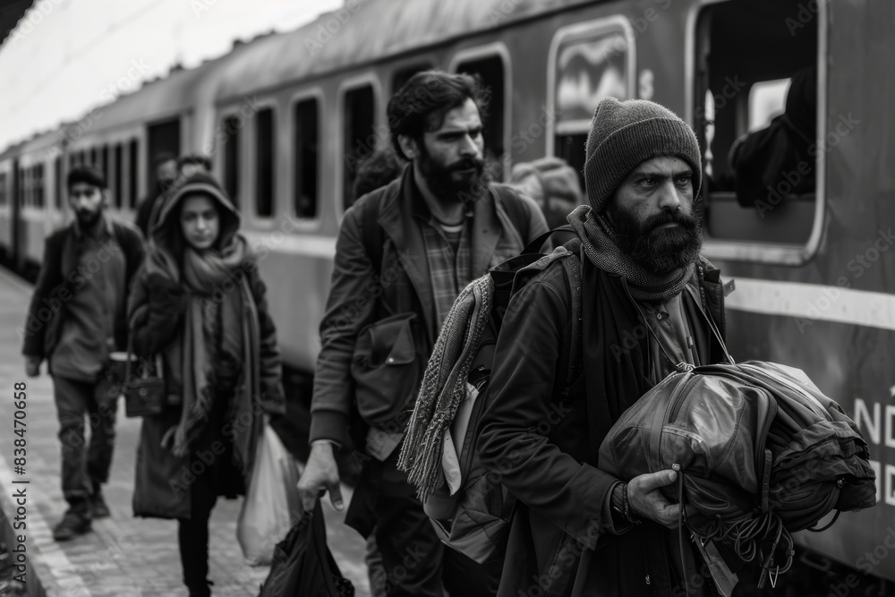 Refugees Arriving at Train Station with Belongings, Embracing Hope for New Beginnings Refugees Arriving at Train Station with Belongings, Embracing Hope for New Beginnings