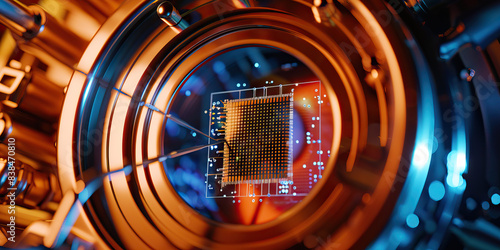 The Quantum Quixotism: A superconducting quantum chip, spinning within a cryogenic chamber, beside a pair of delicate tweezers. photo