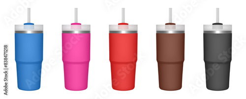 Thermo cup with straw. 20 oz. 3d mockup of a travel thermos. Set of blue, pink, red, blue and black mugs. Tumbler template. White lid