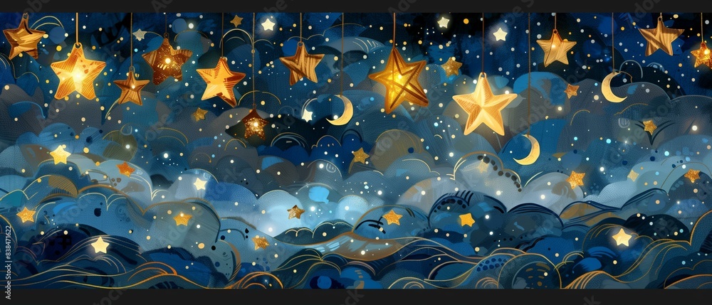 Lot stars hanging from strings blue cloudy night sky, yellow decoration magical light Lot stars hanging from strings blue cloudy night sky, yellow decoration magical light