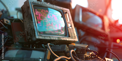 The Vaporwave Visionary: A vintage CRT monitor, its screen filled with distorted, retro animations, sitting atop a heap of obsolete technology.