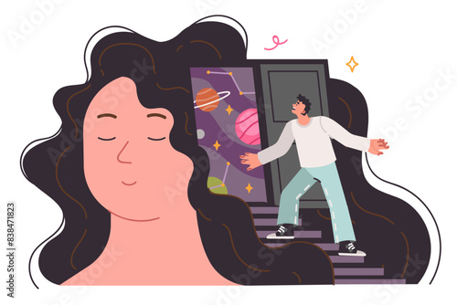 Psychotherapy session for woman with man looking at inner world in head of girl dreaming of space
