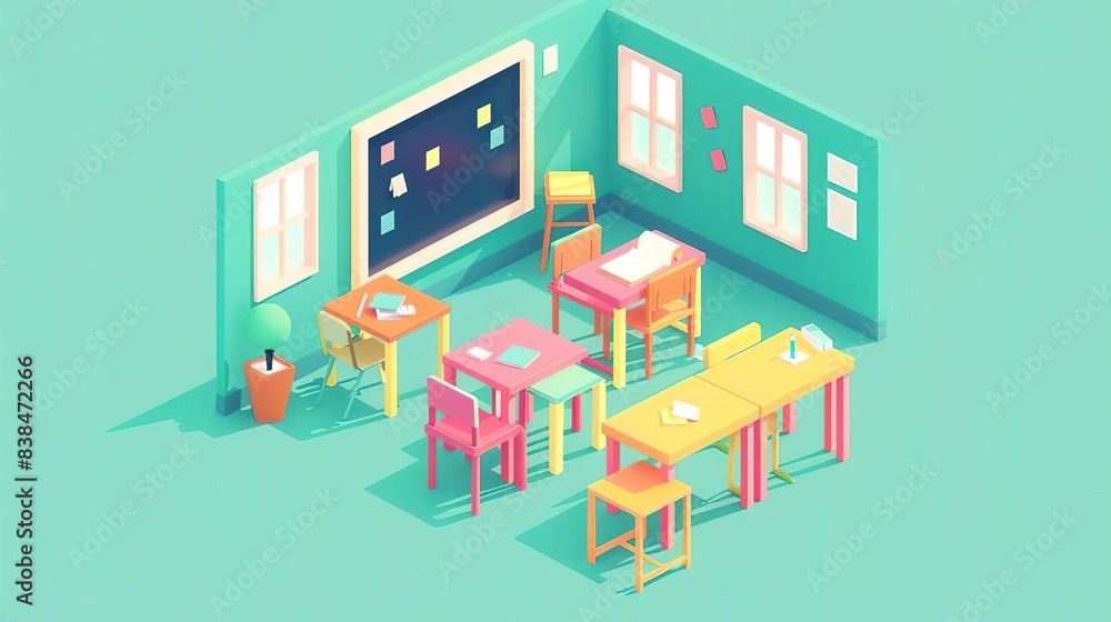 Fototapeta premium Isometric illustration of a colorful classroom with desks, chairs, and a whiteboard.