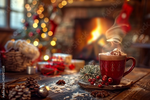 Cozy Winter Scene with Steaming Hot Chocolate and Holiday Decorations by Fireplace for Festive Atmosphere