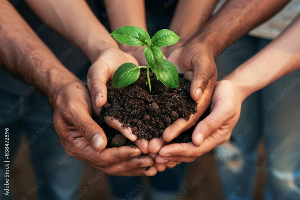 Global Unity and Environmental Efforts Symbolized by Hands Holding Soil with Growing Plant - Design for Posters, Cards, and Educational Materials Global Unity and Environmental Efforts Symbolized by Hands Holding Soil with Growing Plant - Design for Posters, Cards, and Educational Materials