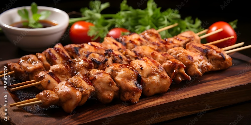 Grilled Chicken Skewers with Savory or Sweet Soy Sauce Seasoning. Concept Grilling Tips, Soy Sauce Marinade, Sweet vs Savory, Grilled Chicken Skewers, Outdoor Cooking