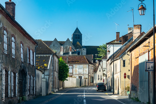 Driving in Champagne wine making region in Champagne, France. Streets, houses, road signes and places of destinations in summer