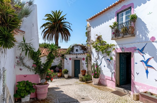 Photo of a street with white houses and pink walls 