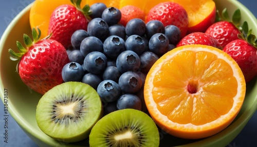 A vibrant and healthy assortment of fresh fruits including strawberries  blueberries  kiwi  and orange slices  beautifully arranged in a green bowl. The image showcases the fruits  bright colors and