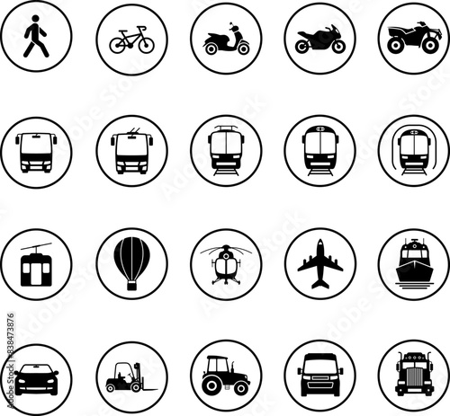 Vehicle, Air, Railway, Bike, Motorcycle Transport Silhouette Icon Set. Stop Station Sign Public Transport Pictogram. Bus, Car, Metro, Plane, Ship, Tram, Train, Truck Front View Icon. Isolated Vector.