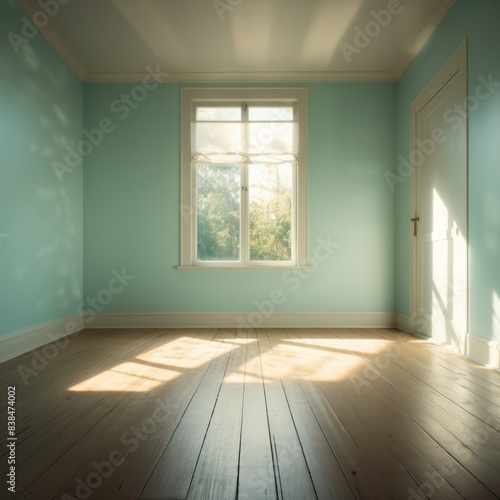 Light wall and wooden parquet floor  sunrays and shadows from window morning sun curtains reflection warm shadow