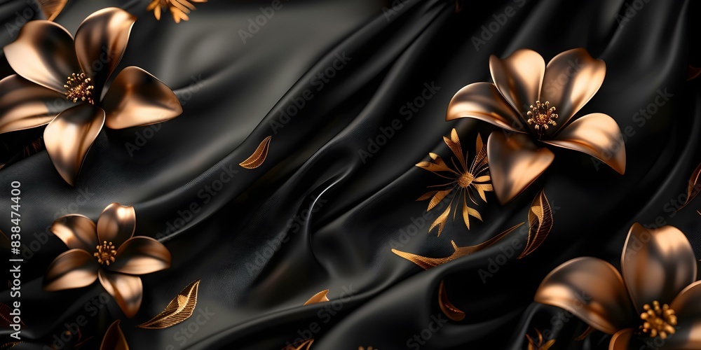 Elegant 4k 3D Render of Black Silk Background with Golden Floral Shapes. Concept Luxurious 3D Render, Black Silk Background, Golden Floral Shapes, Elegant Design, High Definition