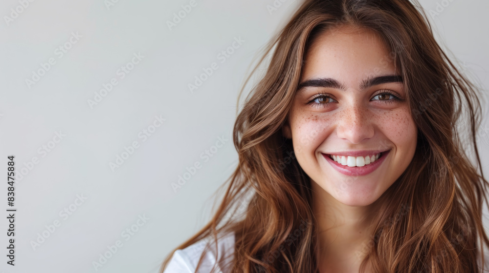 Portrait of a smiling woman with long brown hair and a white background, exuding natural beauty and happiness.
Portrait of a smiling woman with long brown hair and a white background, exuding natural beauty and happiness.