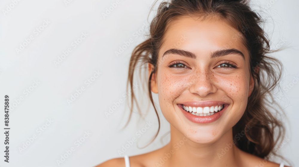 Portrait of a smiling woman with long brown hair and a white background, exuding natural beauty and happiness.
Portrait of a smiling woman with long brown hair and a white background, exuding natural beauty and happiness.