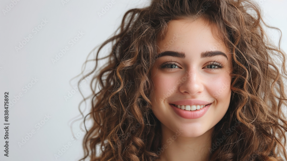 Portrait of a smiling woman with long brown hair and a white background, exuding natural beauty and happiness.
Portrait of a smiling woman with long brown hair and a white background, exuding natural beauty and happiness.