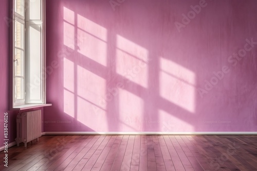Light wall and wooden parquet floor  sunrays and shadows from window morning sun curtains reflection warm shadow