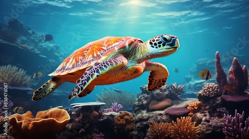 Sea turtle gliding over a coral garden 
