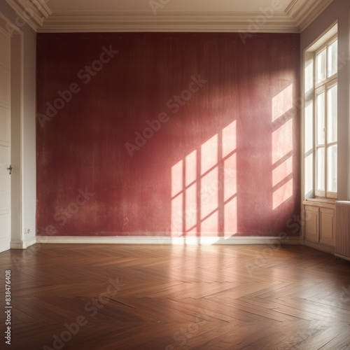 Light wall and wooden parquet floor  sunrays and shadows from window morning sun curtains reflection warm shadow