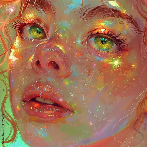 Ethereal Rainbow-Faced Portrait with Sparkling Eyes