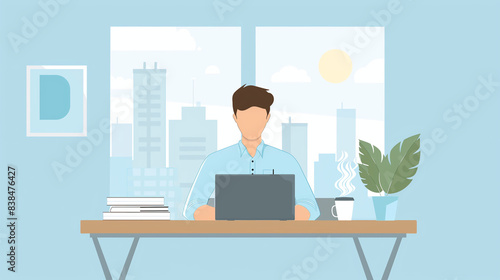 Modern Workspace with Young Man Working on Laptop