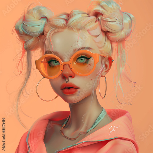 Playful Pop-Art Portrait of a Blonde Woman with Orange Sunglasses