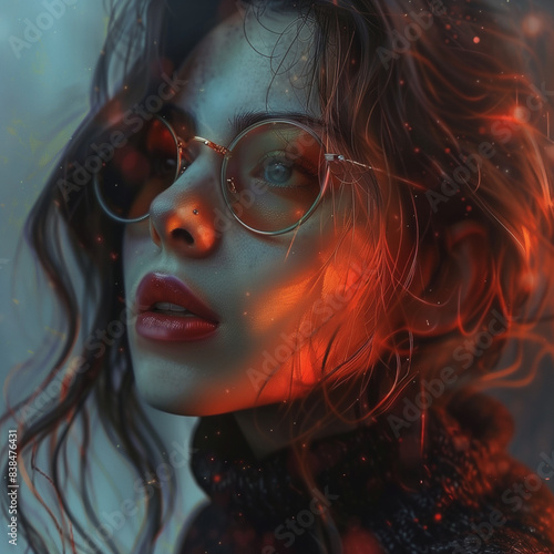 Enigmatic Portrait of a Woman with Glasses in Vibrant Lighting