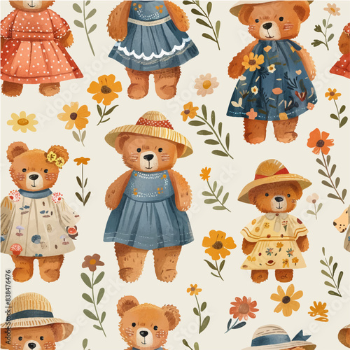 seamless pattern with bears and flowers. cute print. bears in retro clothes. country style. print for children's fabric.