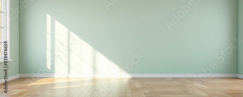 Light wall and wooden parquet floor  sunrays and shadows from window morning sun curtains reflection warm shadow